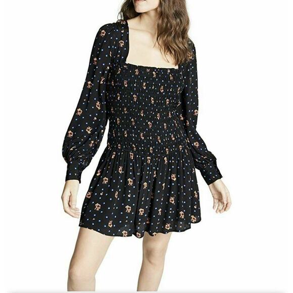 FREE PEOPLE black Floral Long Sleeves Peasant Mini Dress Small - Picture 1 of 11